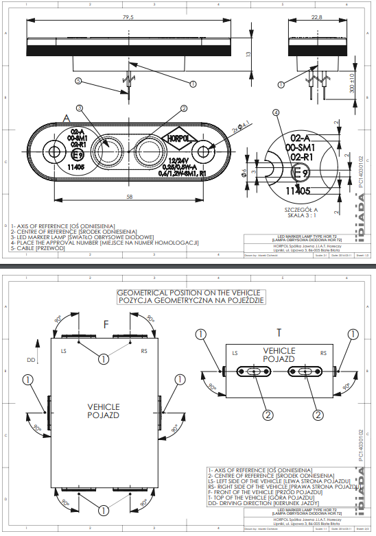LED marker light amber 12-24v 50cm. cable - 2