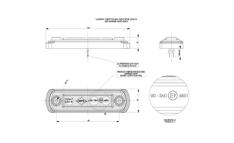 LED marker light amber 12-24v 50cm. cable - 2