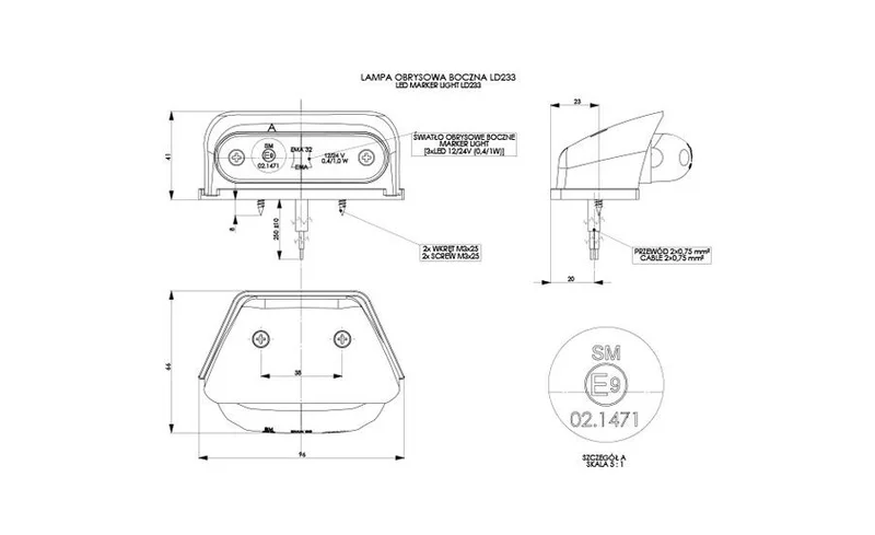 LED marker light red with bracket 12-24v 50cm. cable - 2