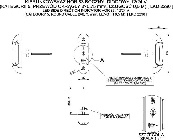 LED Side blinker CAT5 12/24v 50cm cable - 2