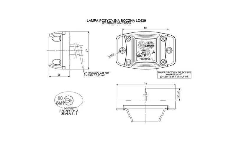 LED Posisjonslys hvit 12-24V 50cm kabel. - 2