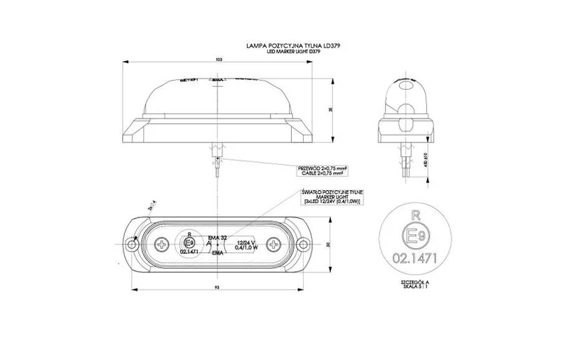 LED marker light white with bracket 12-24v 50cm. cable - 2