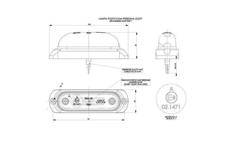 LED marker light amber with bracket 12-24v 50cm. cable - 2