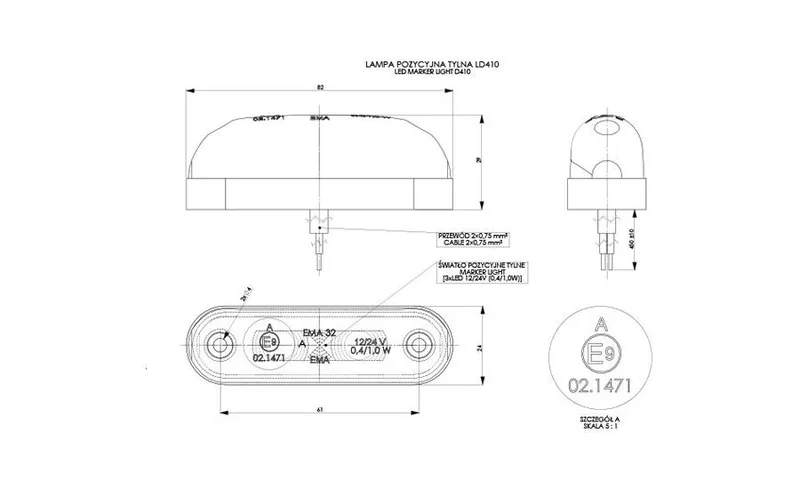 LED marker light white with bracket 12-24v 50cm. cable - 2
