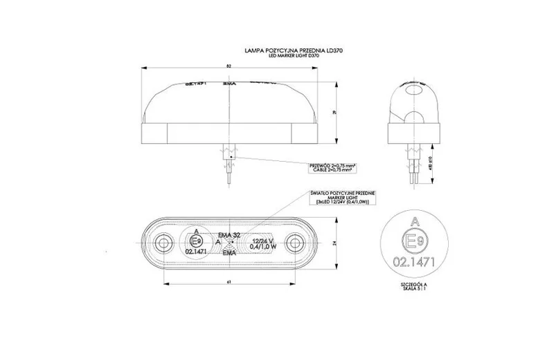 LED marker light amber 12-24v 50cm. cable - 2