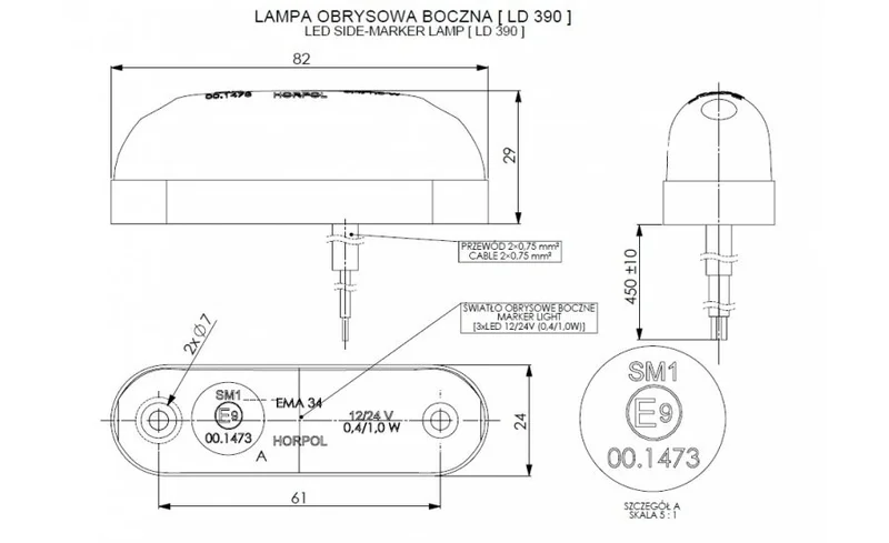 LED marker light red with bracket 12-24v 50cm. cable - 2