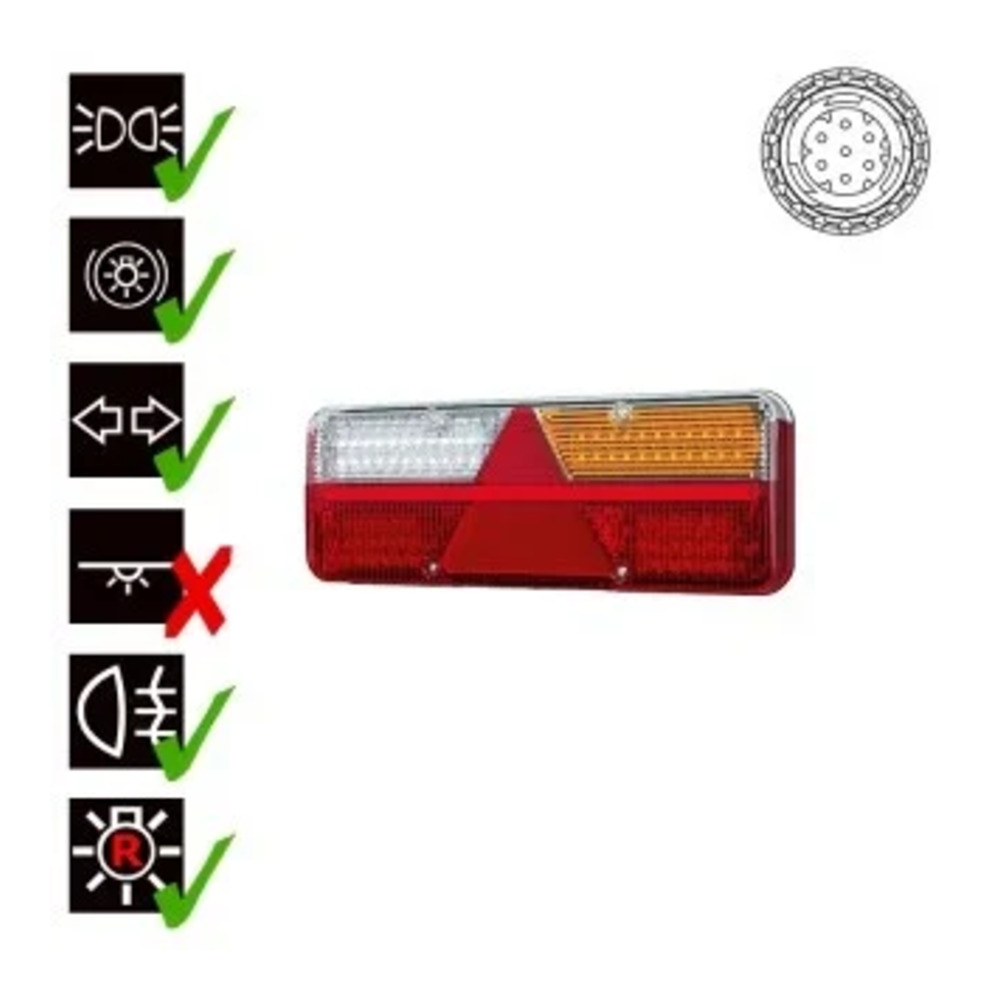 Høyre LED tilhengerlys med dynamisk varsellys 9-36v, 7-PIN, 200 cm kabel.
