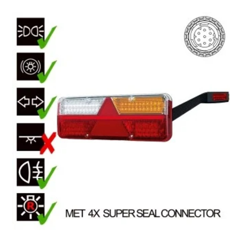 Höger LED släpvagnsljus med dynamiskt varningsljus 9-36v, 7-PIN + Superseal + Larm