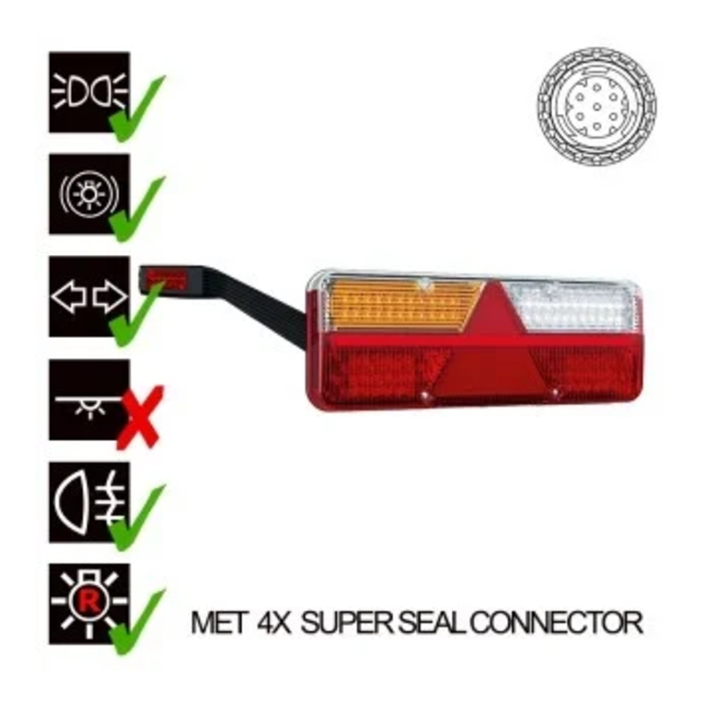 Vennstre LED tilhengerlys dynamisk advarselslys 9-36v, 7-PIN + Superseal