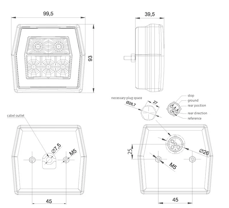 LED kompakt baklys med skiltbelysning 12-36V 5-PIN - 2