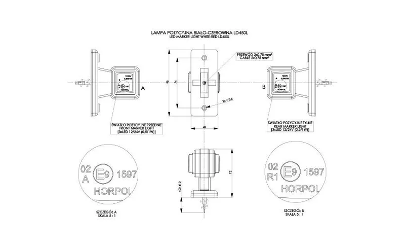 LED Sidemarkeringslys Venstre rød/hvit 12/24V 50cm kabel - 2