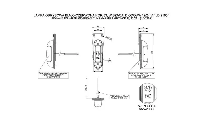 LED Sidemarkeringslys Venstre rød/hvit 12/24V 50cm kabel - 2