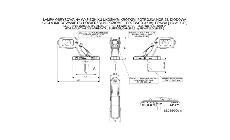 LED Sidemarkeringslys Venstre rød/hvit/gul 12/24V 50cm kabel - 2