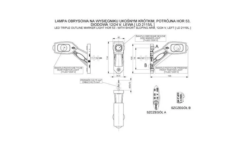 LED Sidemarkeringslys Venstre rød/hvit/gul 12/24V 50cm kabel - 2