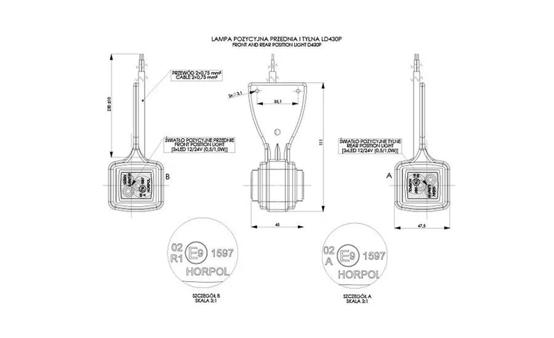 LED Sidemarkeringslys Høyre rød/hvit 12/24V 50cm kabel - 2