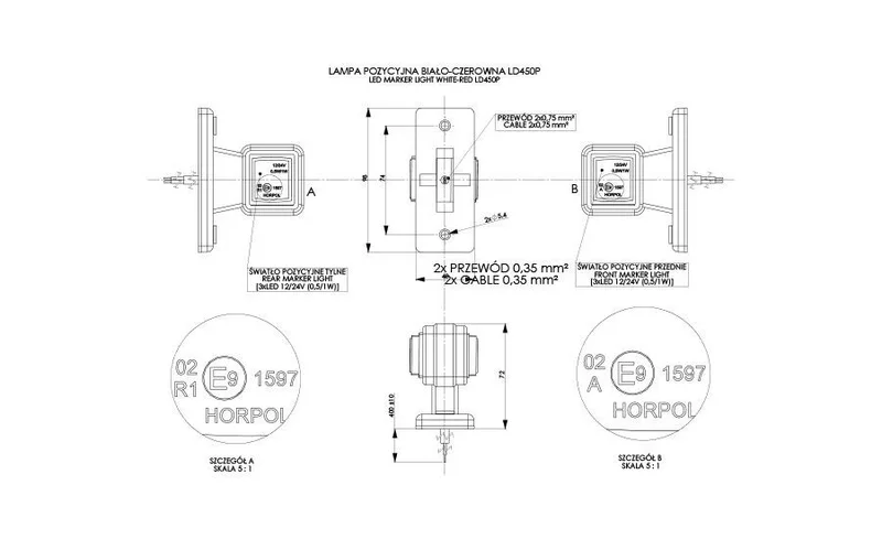 LED Sidemarkeringslys Høyre rød/hvit 12/24V 50cm kabel - 2