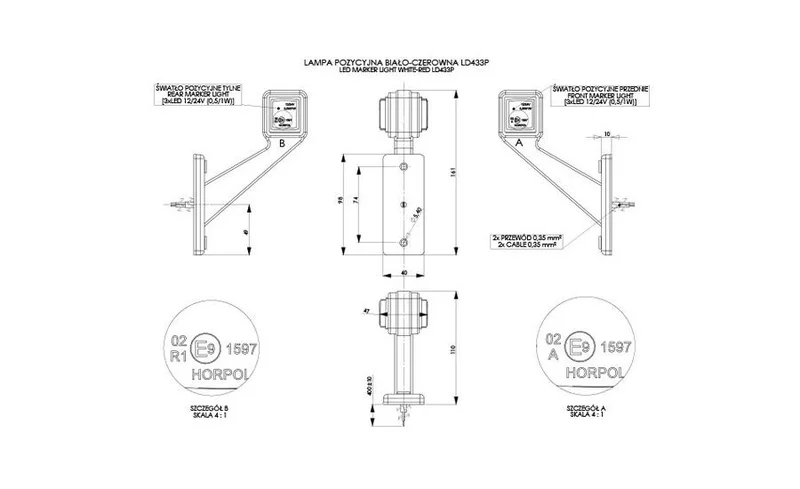 LED Sidemarkeringslys Høyre rød/hvit 12/24V 50cm kabel - 2