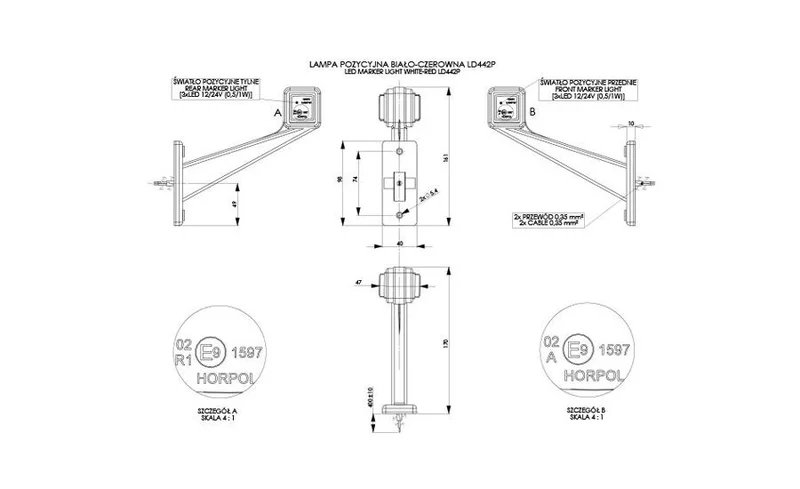 LED Sidemarkeringslys Høyre rød/hvit/amber 12/24V 50cm kabel - 2