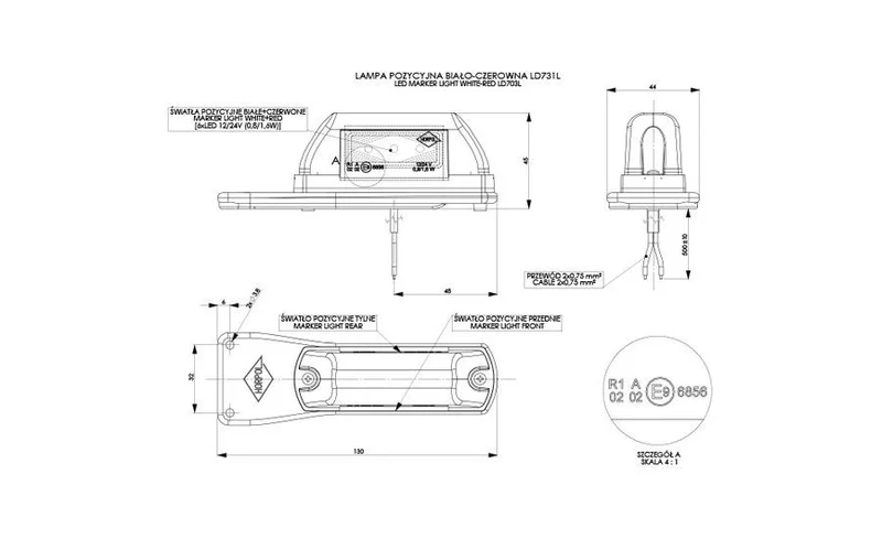 LED marker light red Left 12-36v 50cm. cable - 2