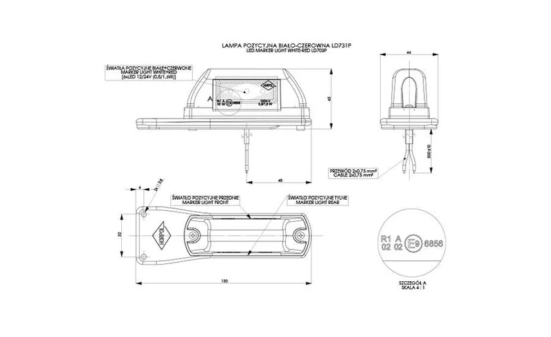 LED Sidomarkeringsljus röd Höger 12-36V 50cm. arm - 2