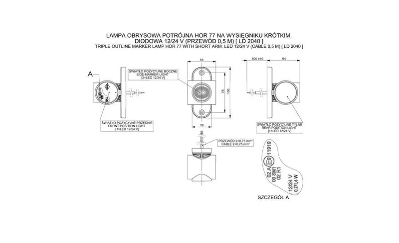 LED Sidomarkeringsljus röd/vit/amber 12-24V 50 cm. kabel - 2