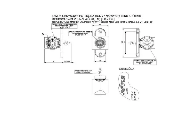 LED Sidomarkeringsljus röd/vit/amber 12-24V 50cm. kabel - 2