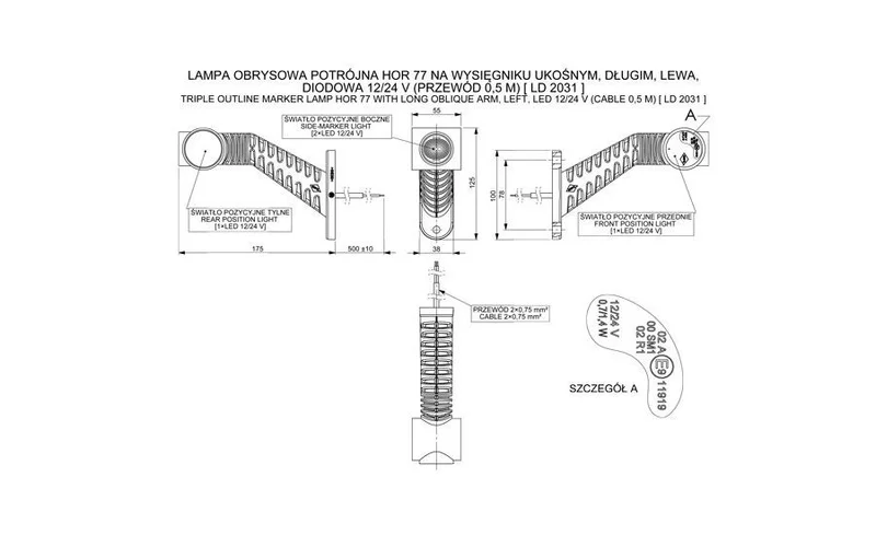 LED Sidomarkeringsljus röd/vit/amber Vänster 12-24V 50cm kabel - 2