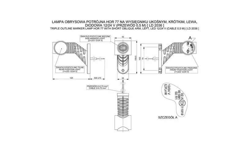 LED side marker light red/white/amber Left 12-24v 50cm. cable - 2