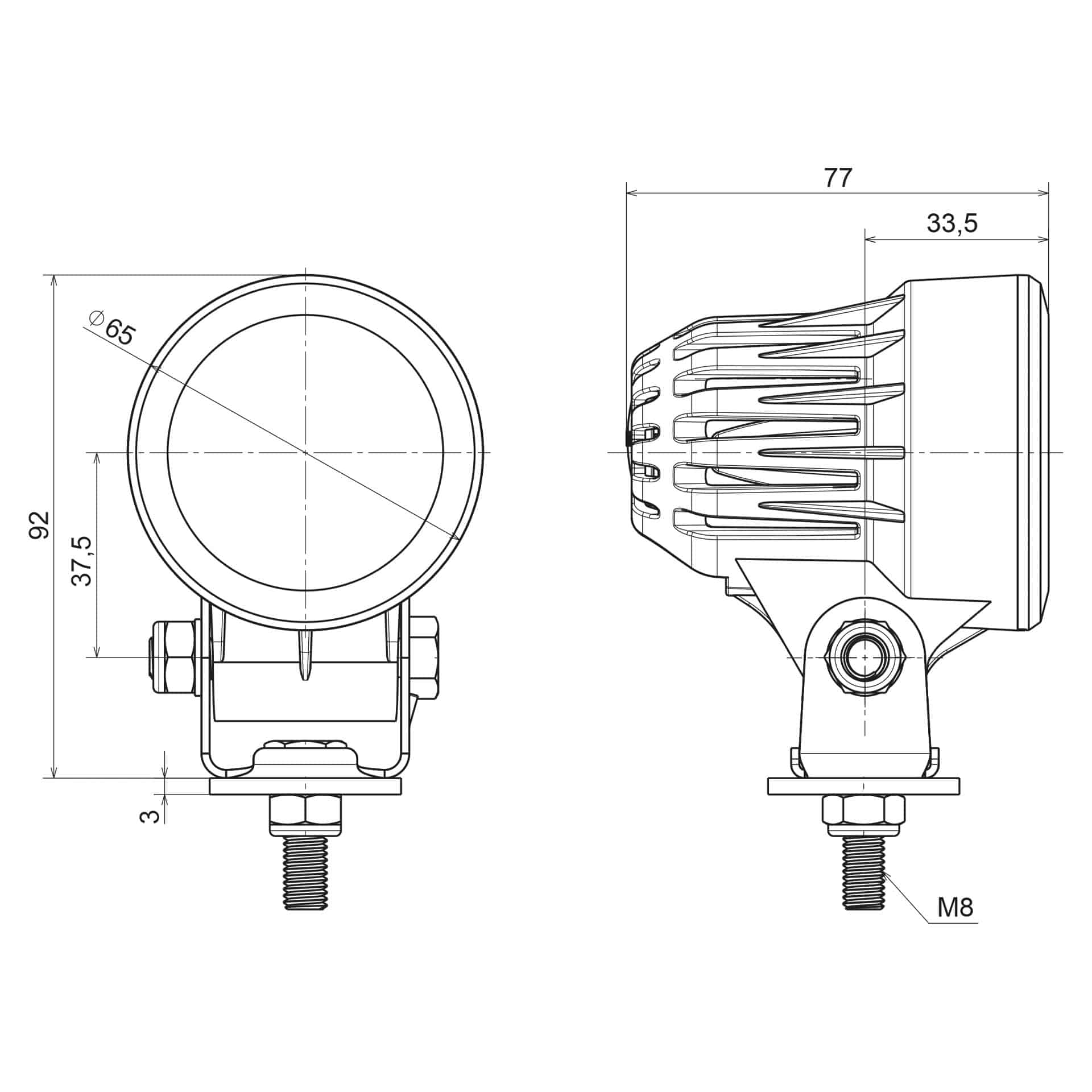LED arbejdslampe rund 1200lm, 12W, 12-24v, indbygget DT-stik - 3