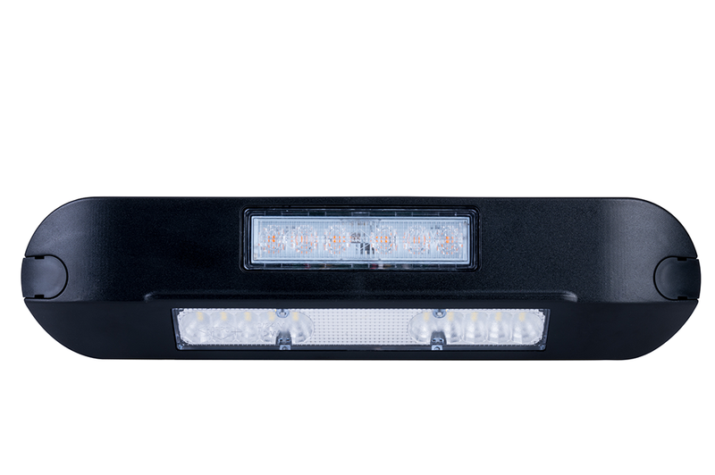 LED side work light + amber R65 warning light, 6500K, black housing 12-2 - 2