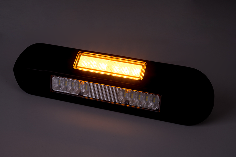 LED side work light + amber R65 warning light, 6500K, black housing 12-2 - 6
