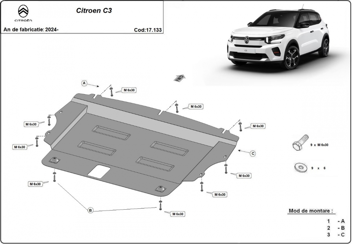 Hasplåt Stål Motor+ | Citroën C3 (2024-2026) - 2