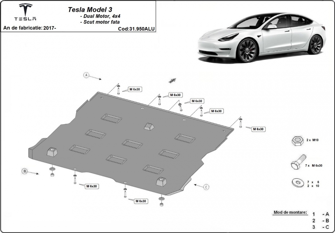 Bundplade Aluminium Forreste elMotor | Tesla Model 3 AWD (2017-2026) - 3