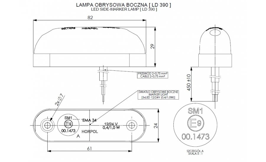LED dark marker light white 12-24v 50cm cable - 3
