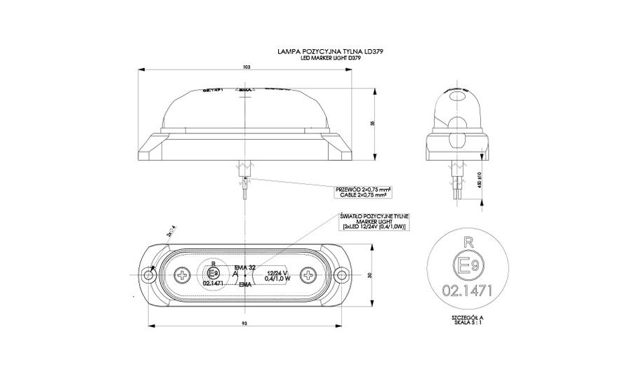 LED mörk markeringslampa röd 12-24v 50cm kabel - 3