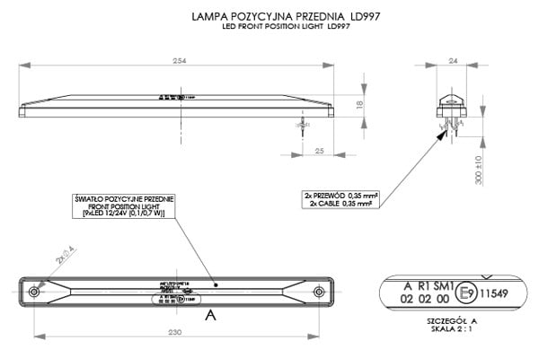 LED markeringslys rav 12-24v 0,3m kabel - 2