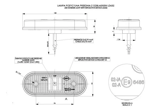 LED marker lights white 12-24v 50cm cable - 2