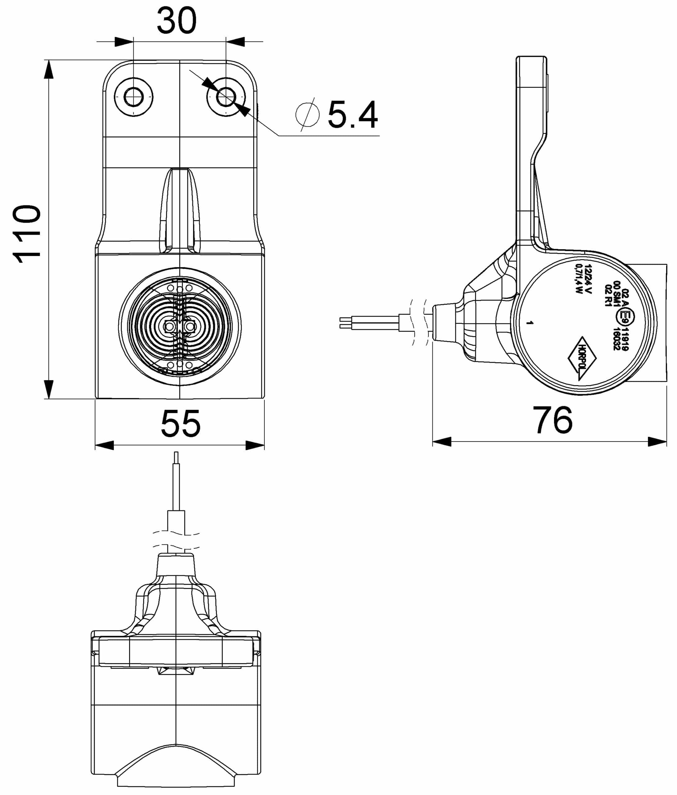 LED mørk side markeringslys, højre rød-hvid-amber 12-24v 60cm kabel - 2