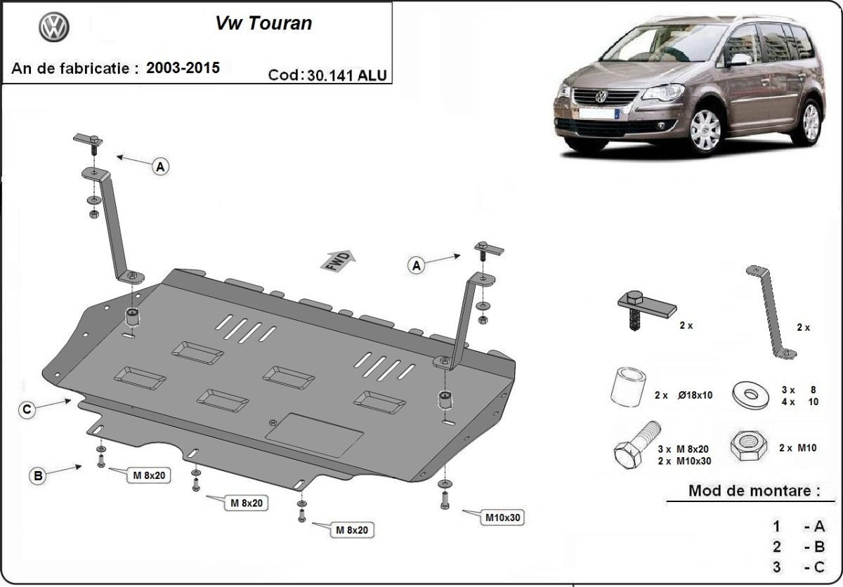 Proteção inferior em alumínio Motor+ | VW Touran (2003-2015) - 3
