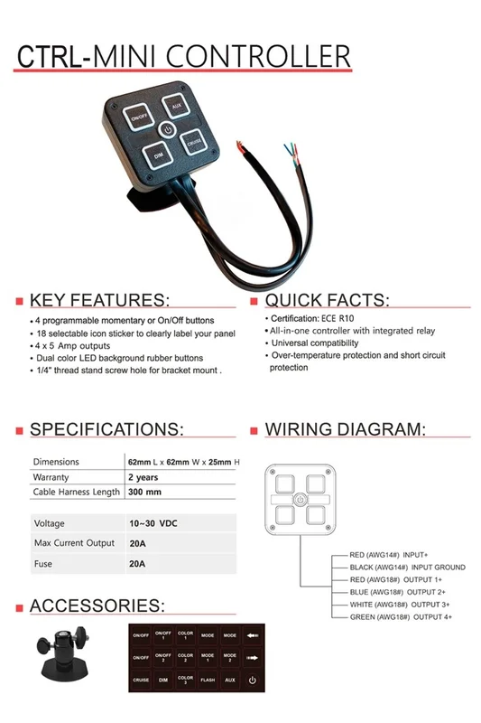Mini controller 4-funktioner universal 12-24v 30cm kabel - 5
