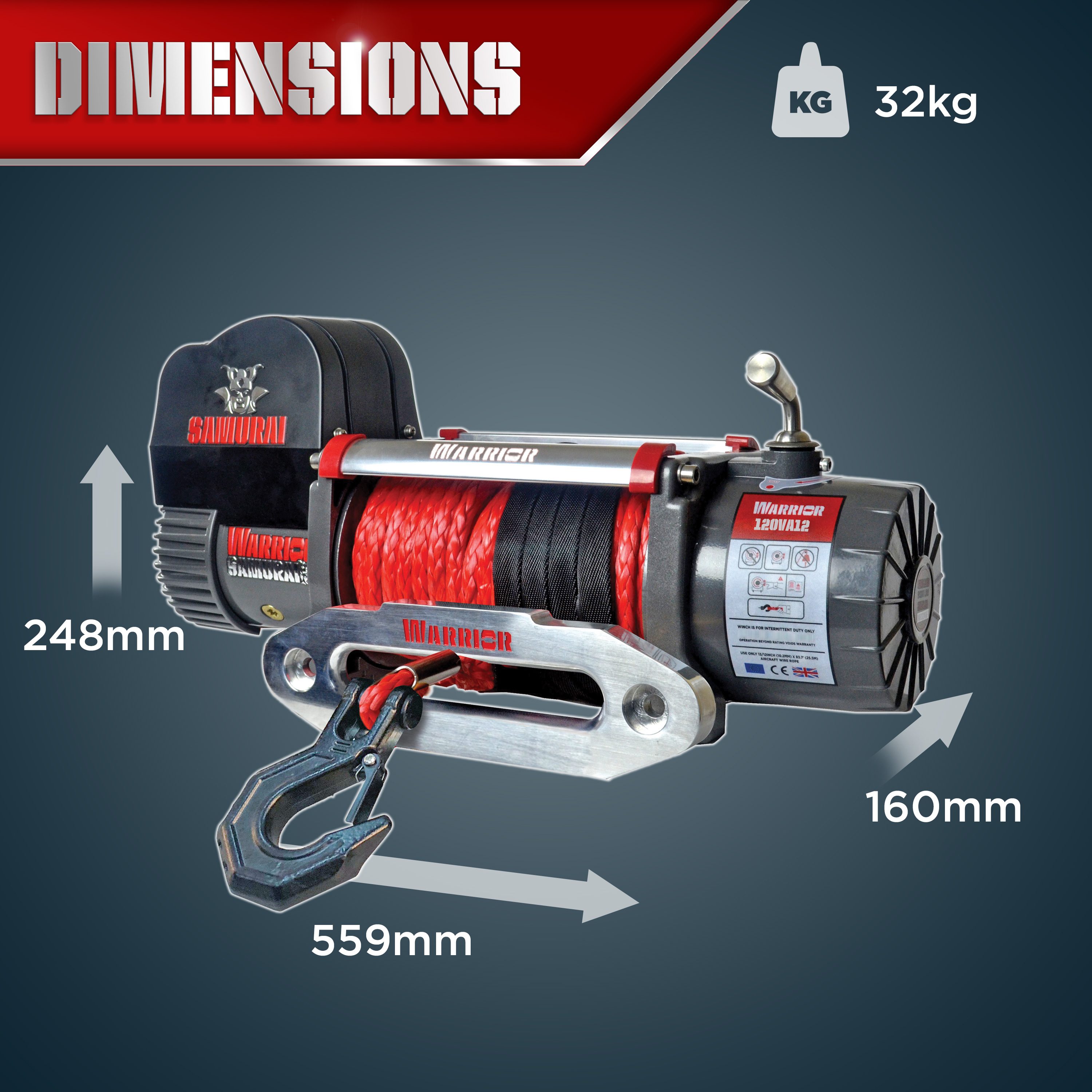 Warrior Winches Samurai 12000 vinssi, Armortek synteettiköysi, 12V - 15