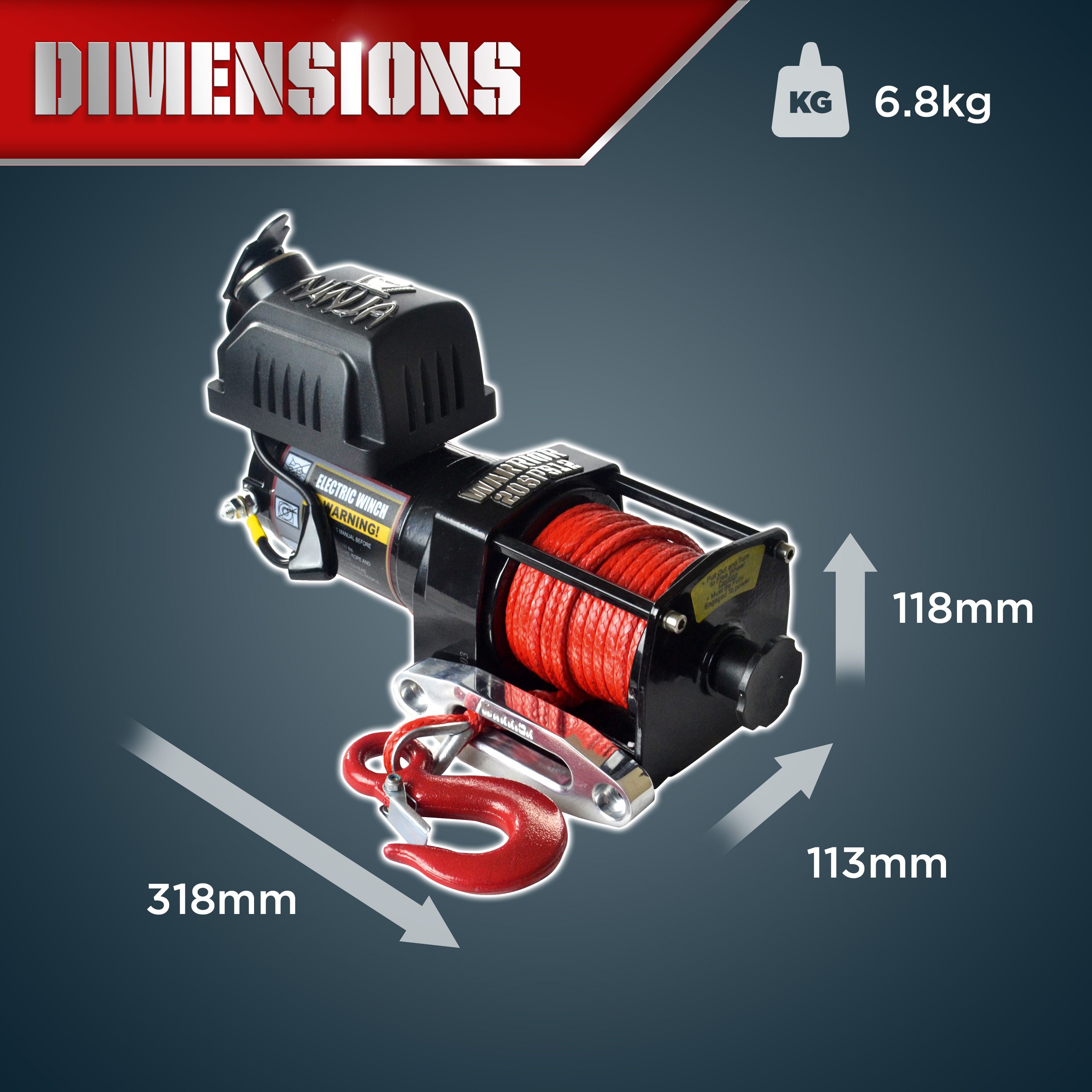 Warrior Winches Ninja 2000 Winch - Amortek Synthetic Rope 12V - 13