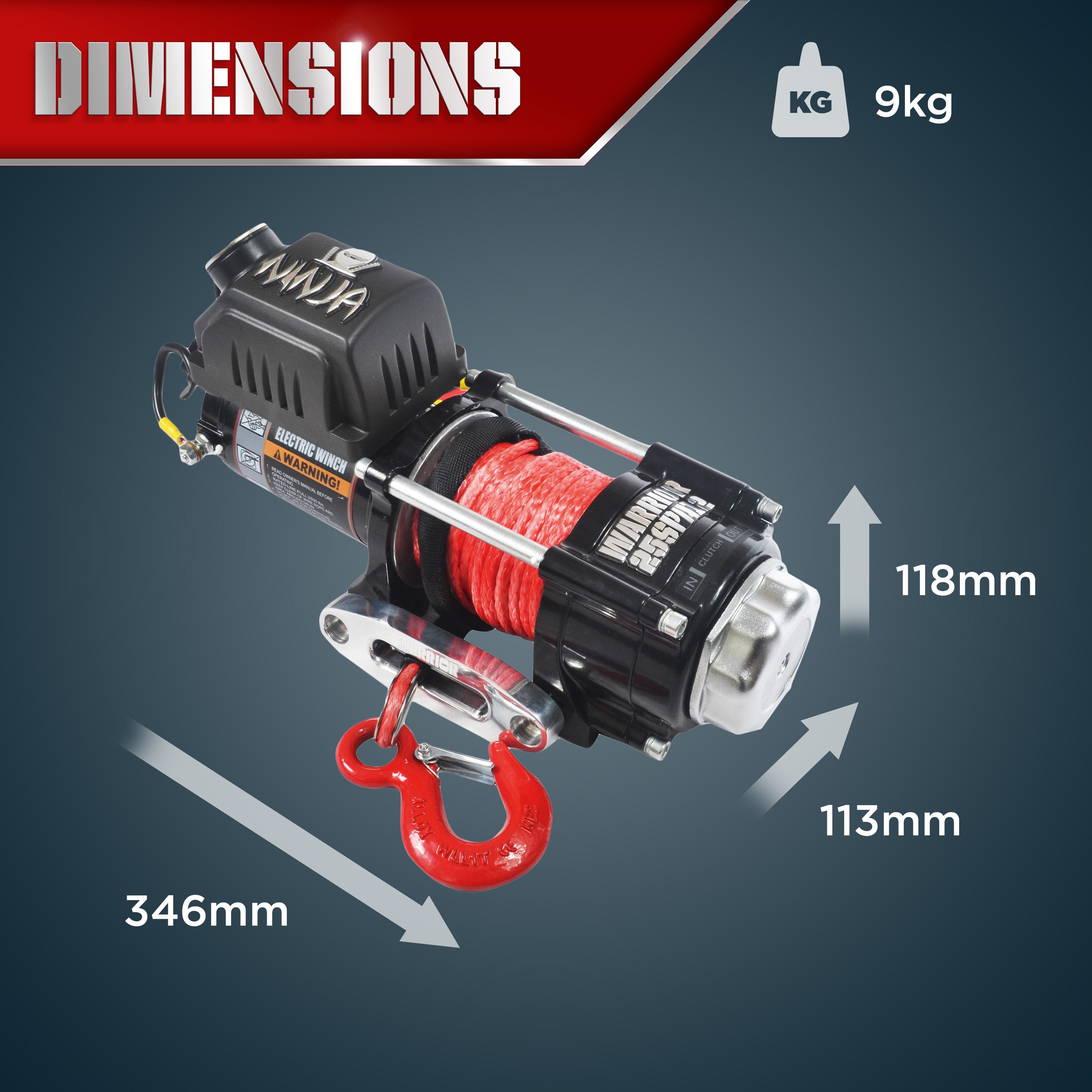 Warrior Winches Ninja 3500 Winch - Amortek Synthetic Rope 12V - 13