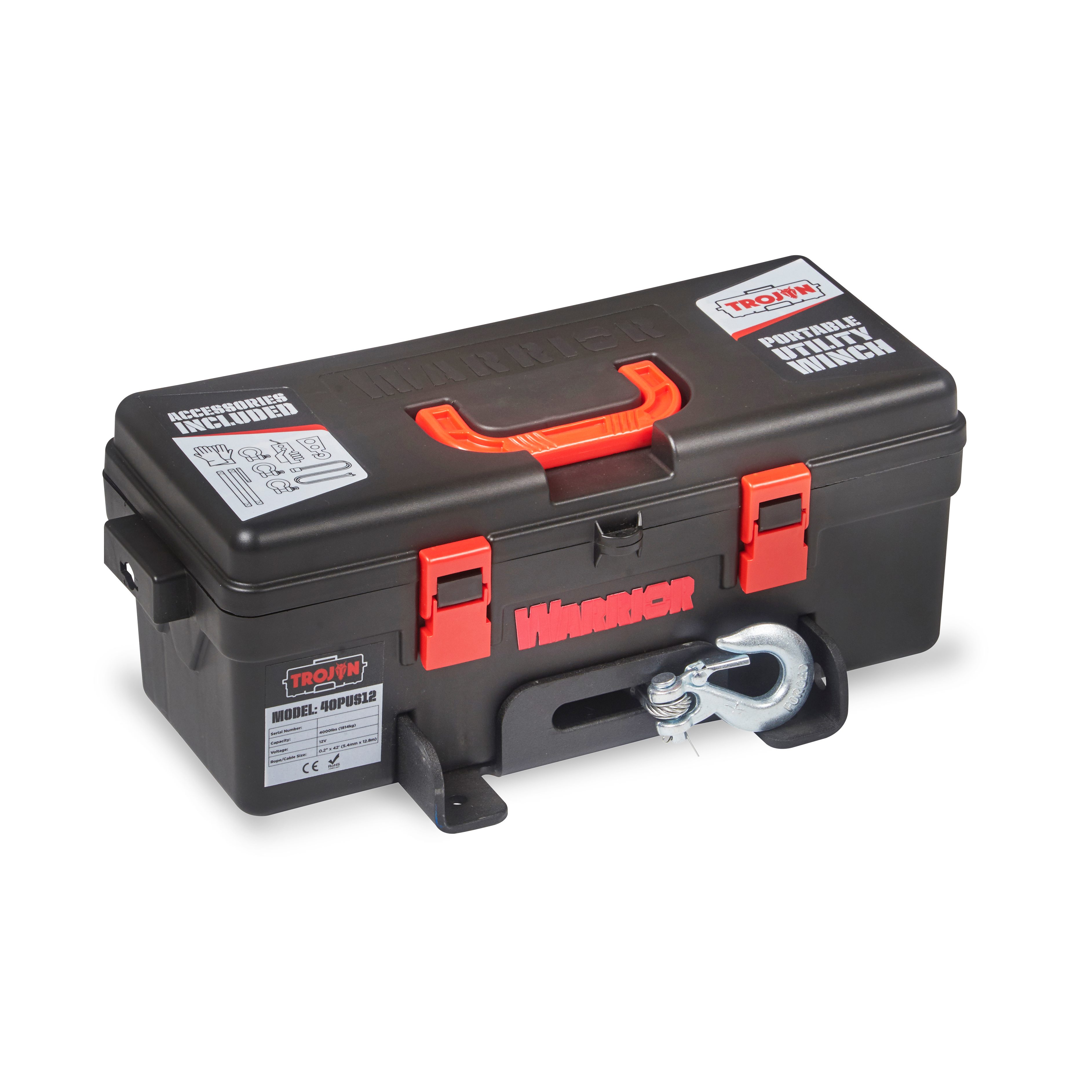 Portabel Vinsch Warrior Winches Trojan 4000 Portabel Vinsch - Stålvajer 12V - 6