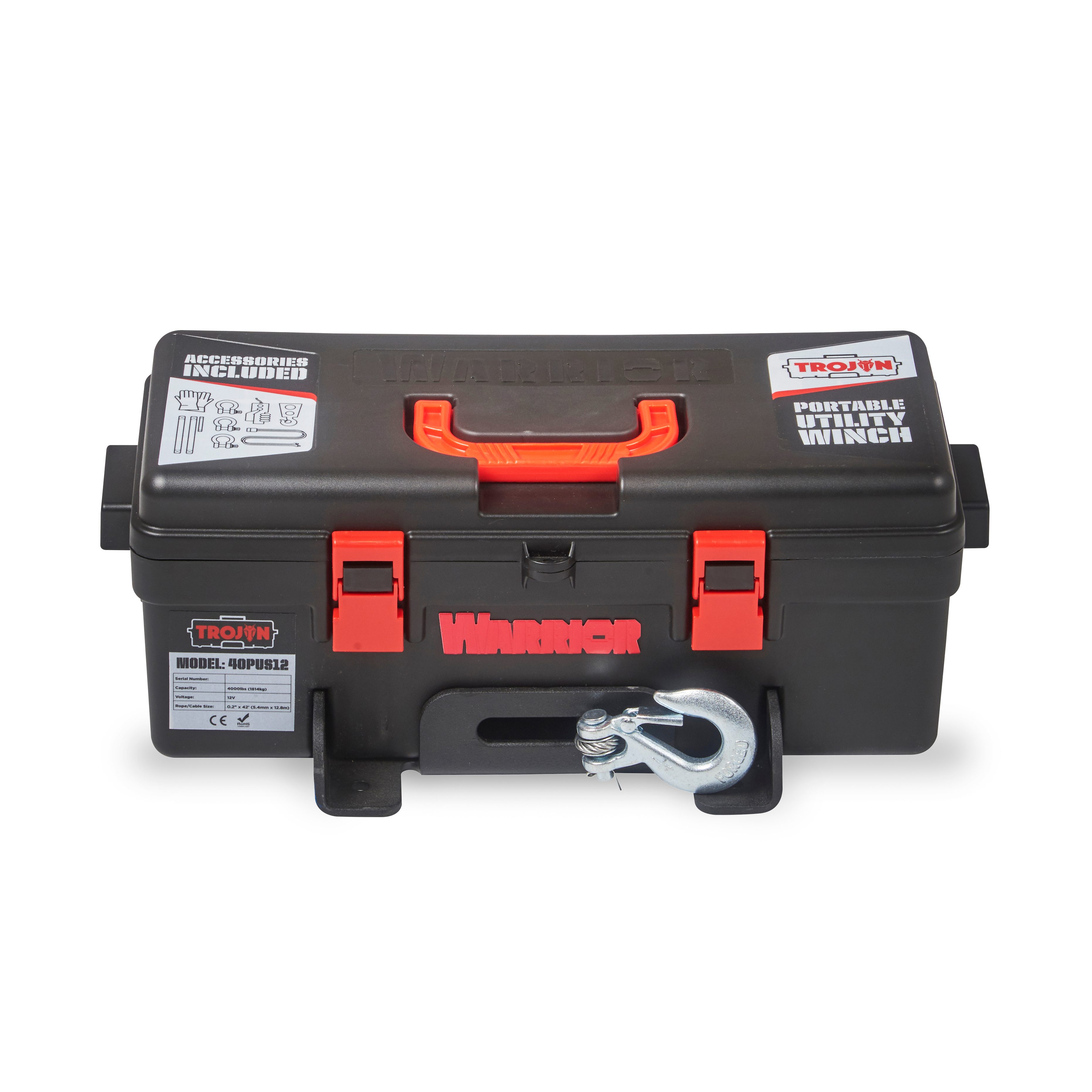 Portabel Vinsch Warrior Winches Trojan 4000 Portabel Vinsch - Stålvajer 12V - 4