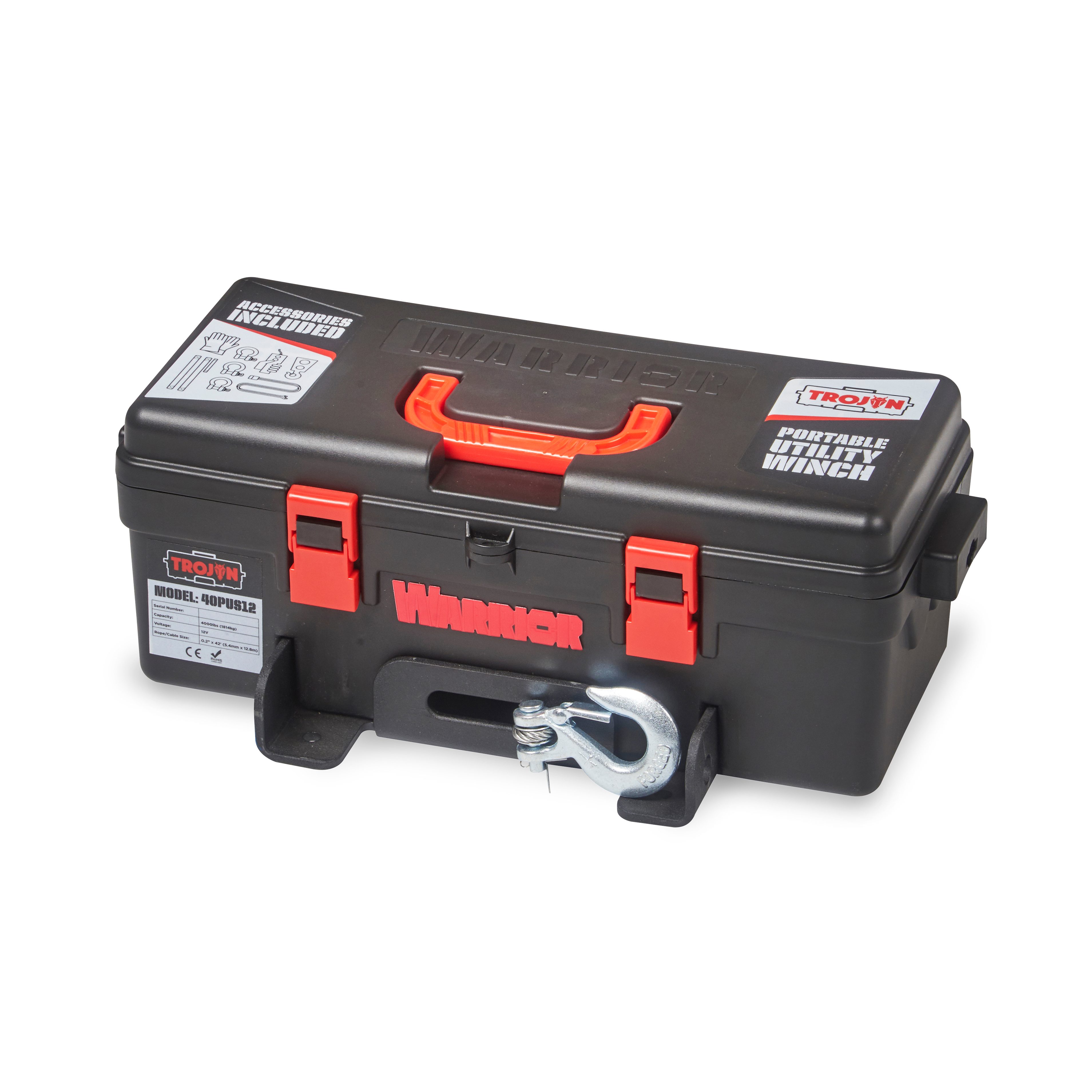 Portabel Vinsch Warrior Winches Trojan 4000 Portabel Vinsch - Stålvajer 12V - 8