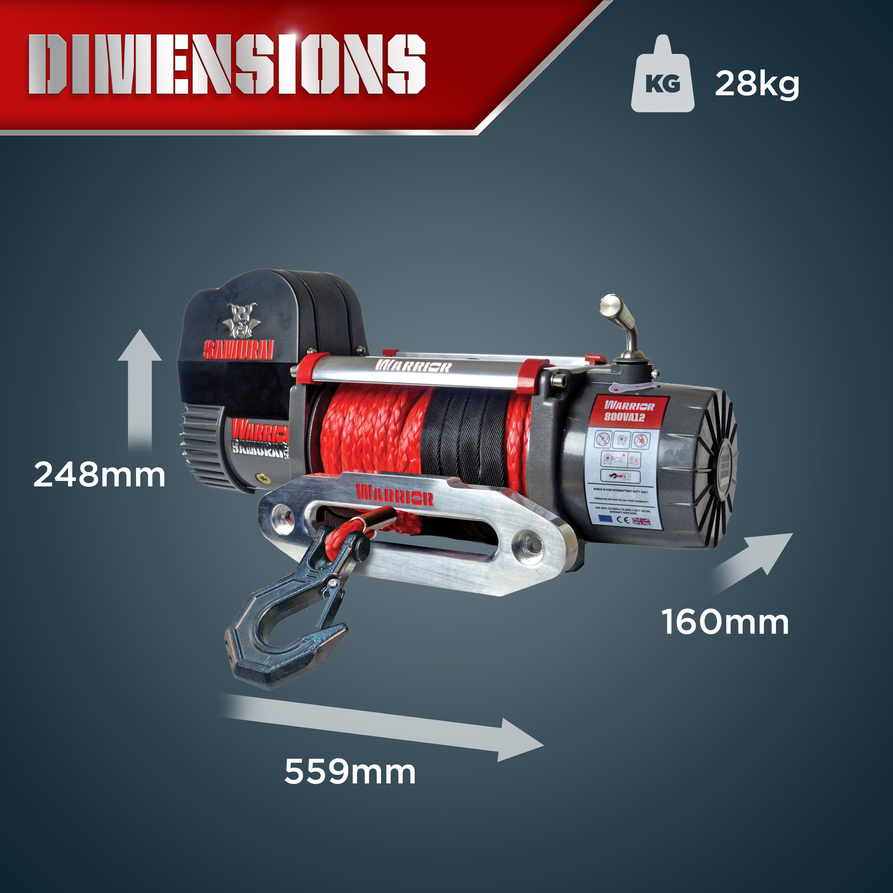 Warrior Winches Samurai 8000 Winch - Armortek Synthetic Rope 12V - 15