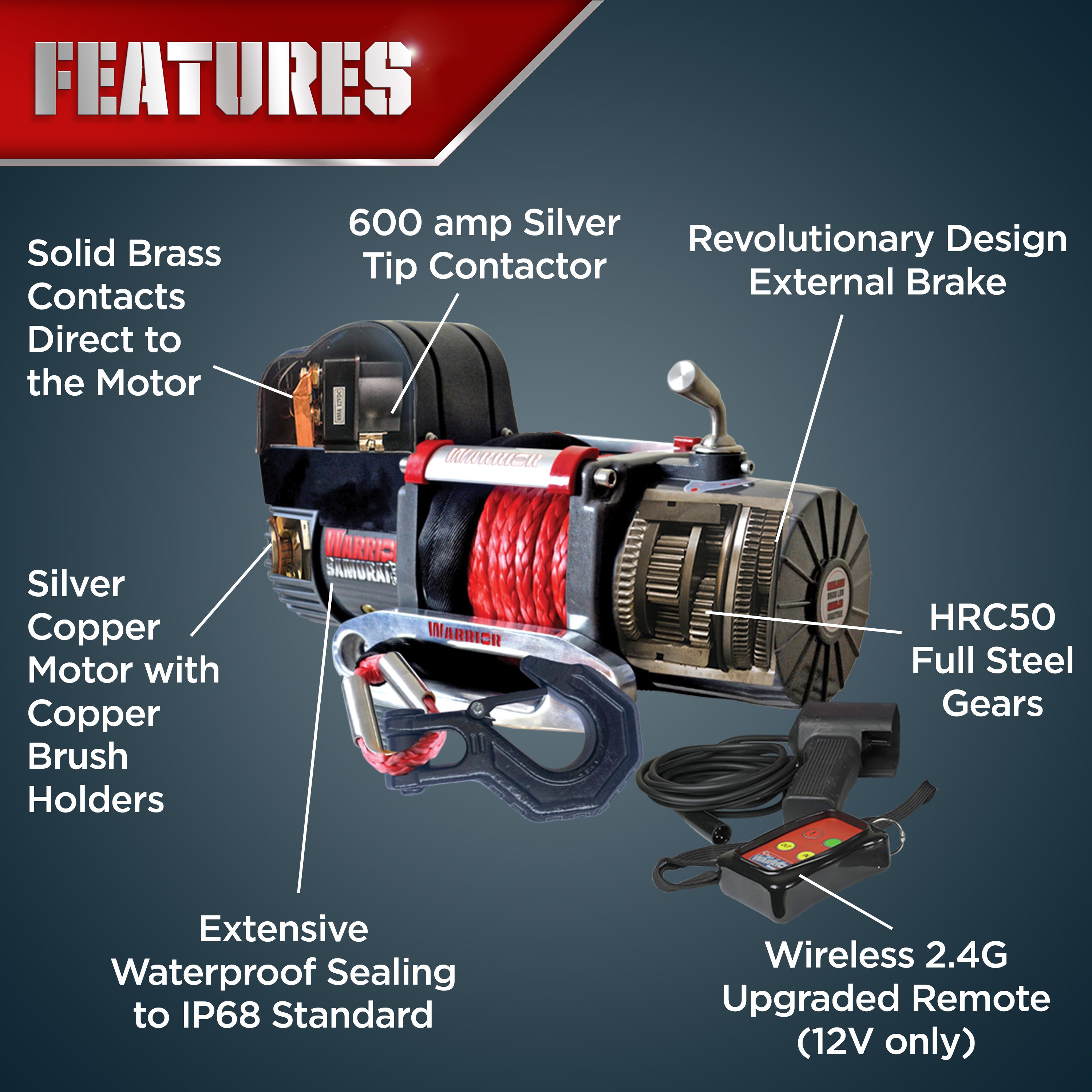 Warrior Winches Samurai 9500 - Armortek Synthetic Rope (Short Drum) 12V - 14