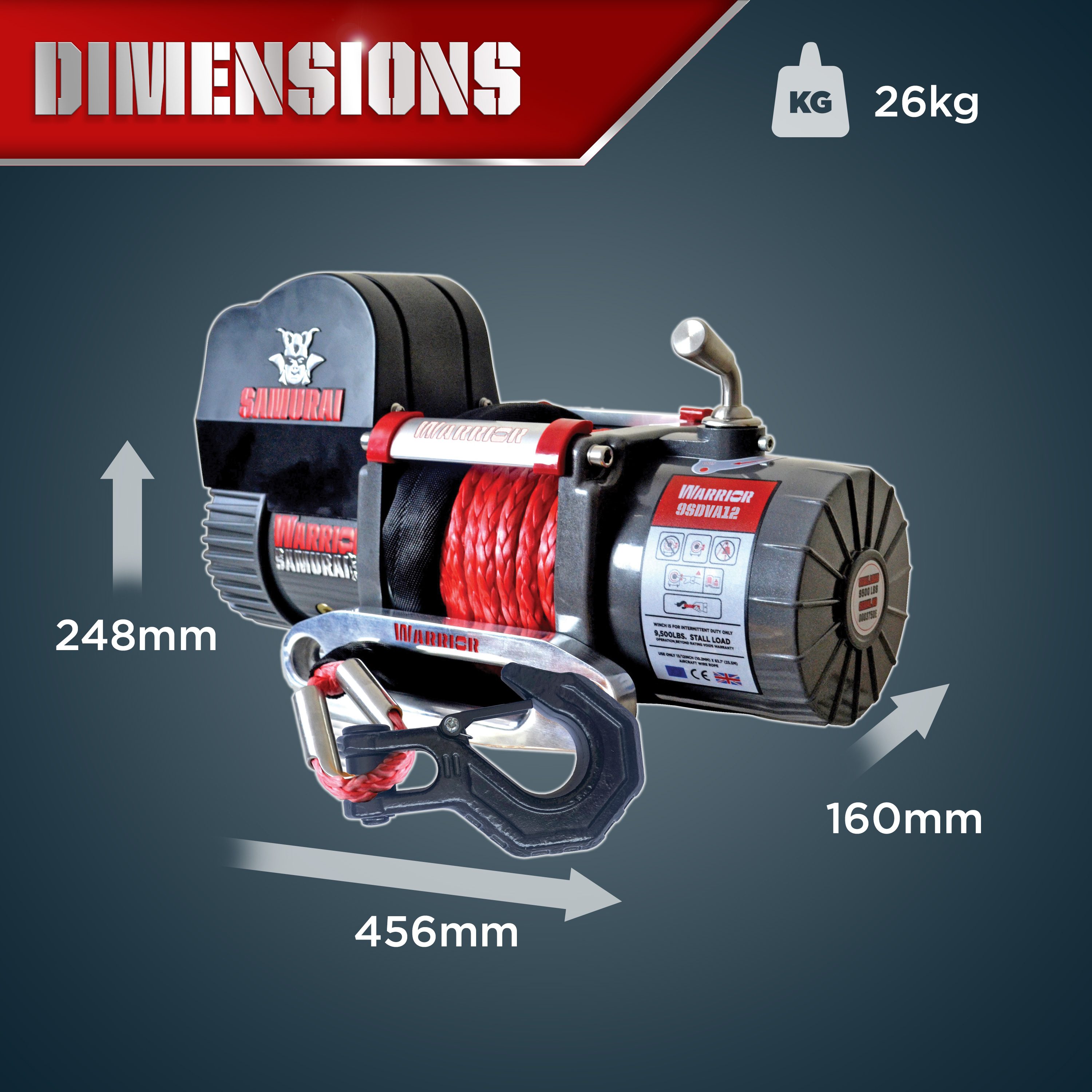 Warrior Winches Samurai 9500 - Armortek Synthetic Rope (Short Drum) 12V - 15
