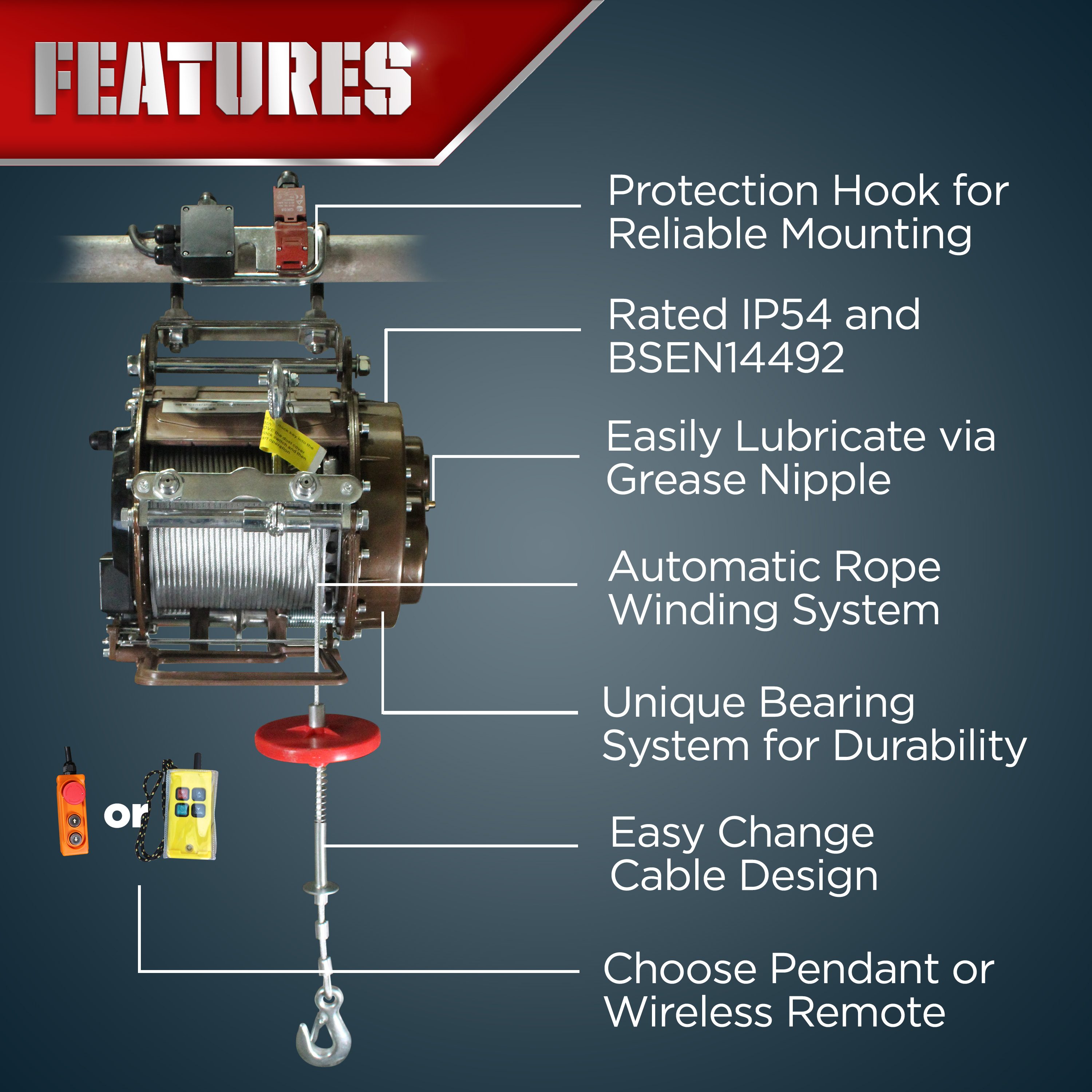 Byggvinsch Warrior Winches IP65 230V 500kg Utan trådlös fjärrkontroll - 3